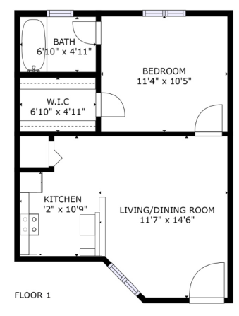 Floor plan for 1 bed, 1 bath, 438 sqft